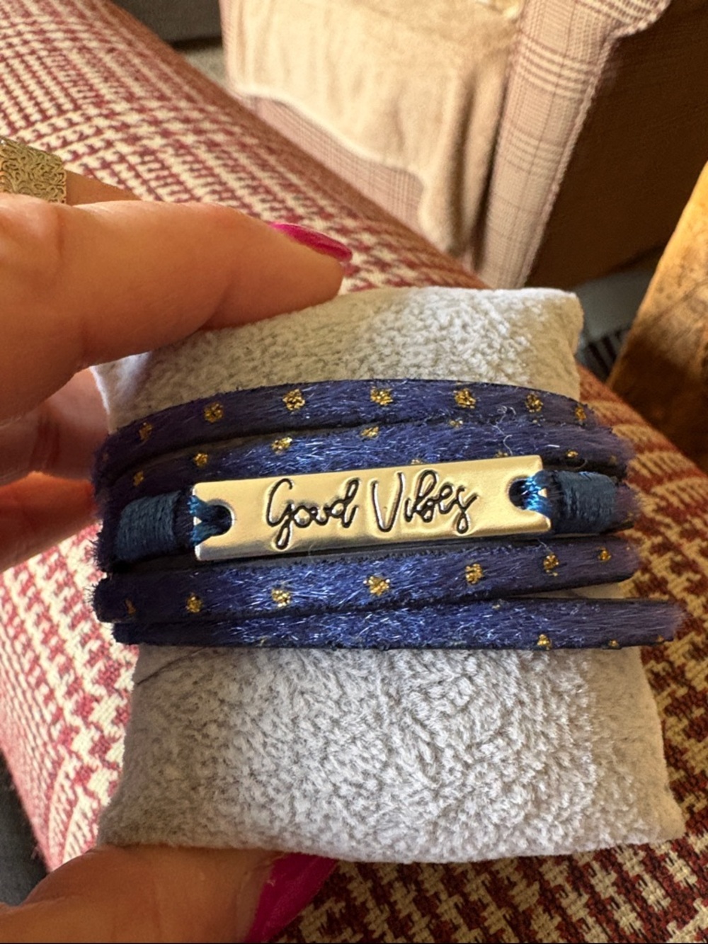 Good Vibes Navy Blue Wrap Bracelet with Gold Accents